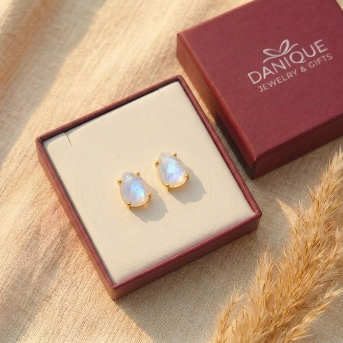 Rainbow moonstone stud earrings packaged in a Danique Jewelry gift box, ready for birthdays, June birthstone gifts, anniversaries, or Mother’s Day.