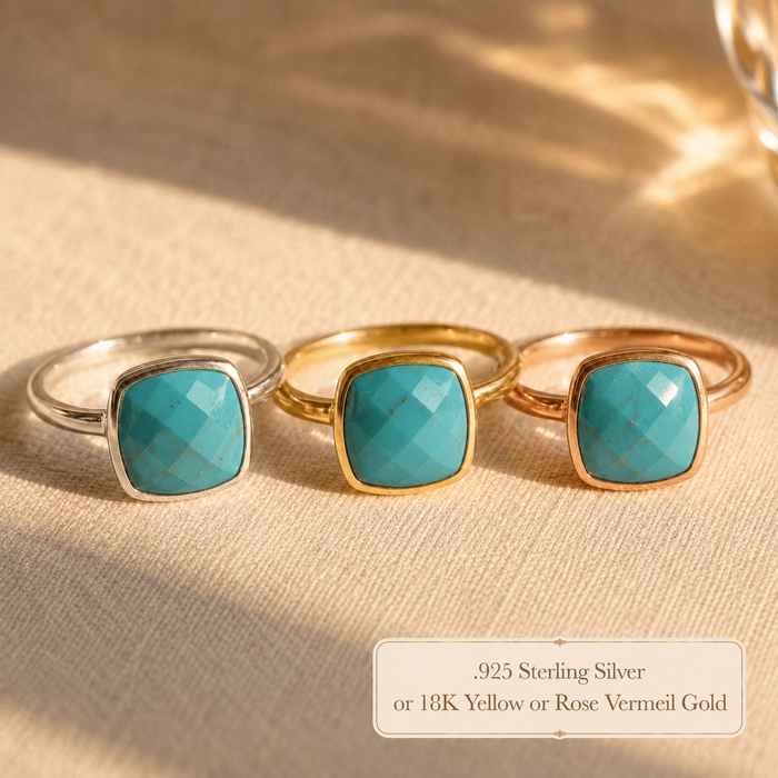 Turquoise cushion rings shown in sterling silver, yellow gold, and rose gold finishes.