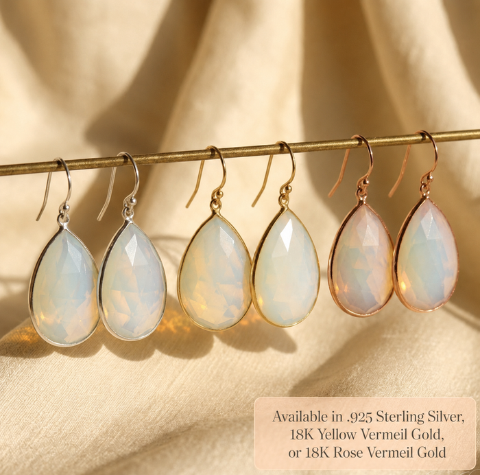 Opalite teardrop earrings shown in sterling silver, yellow gold, and rose gold vermeil finish options.