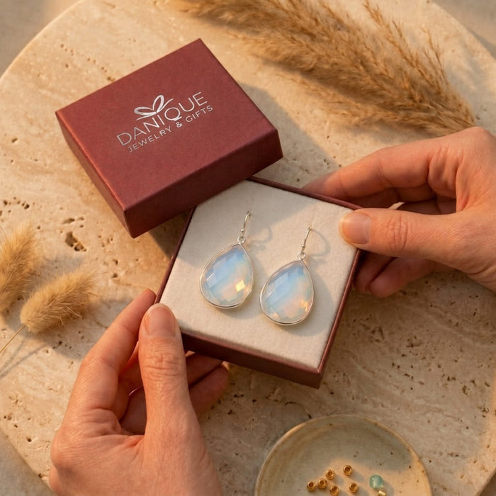 Opalite earrings displayed in a Danique Jewelry branded gift box with warm natural lighting.