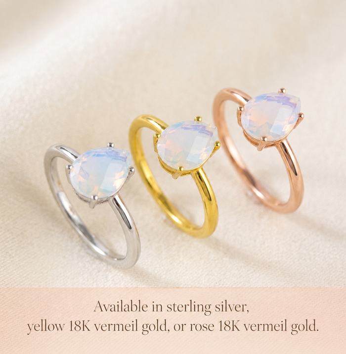 Opalite teardrop ring available in sterling silver, yellow gold vermeil, and rose gold vermeil, a customizable October birthstone ring for women.