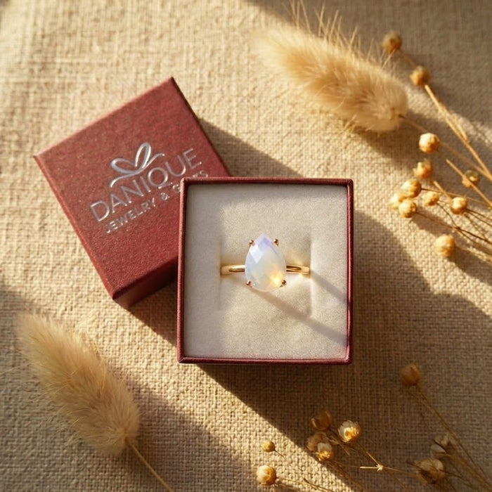 Gift-ready opalite birthstone ring in Danique Jewelry box, a meaningful October birthday gift, bridesmaid ring, or jewelry gift for her.