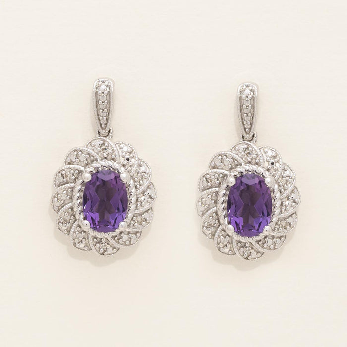 Oval Amethyst Drop Earrings in Sterling Silver with Diamonds