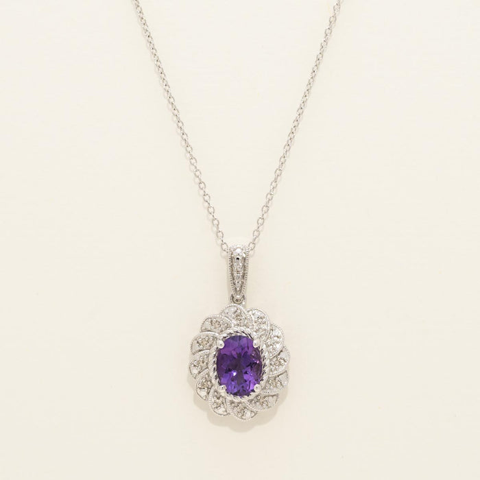 Oval Amethyst Necklace in Sterling Silver with Diamonds (1/20ct tw)