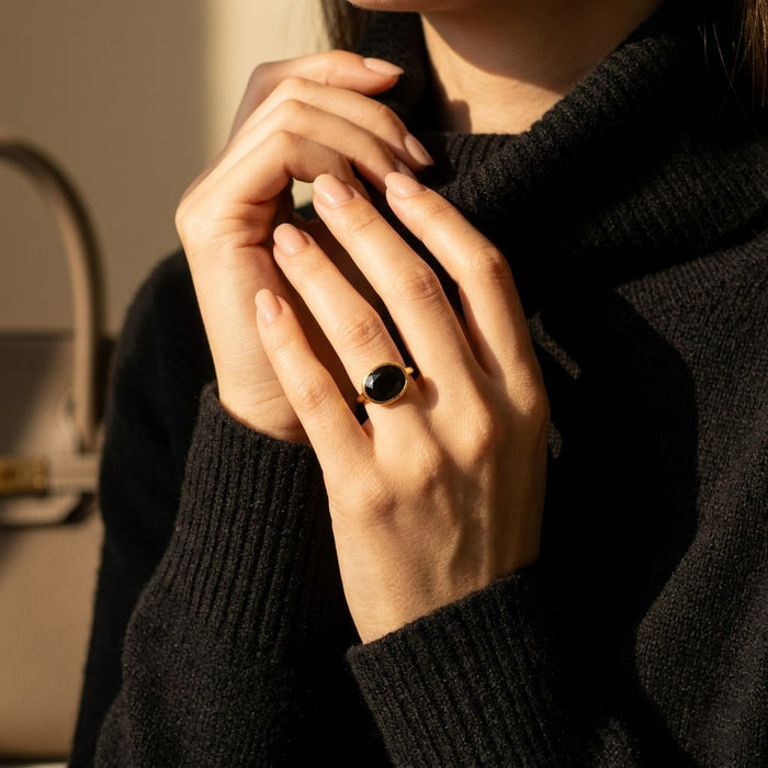 Oval Black Onyx Ring, Bezel Set Ring in Sterling Silver, Gold or Rose Gold