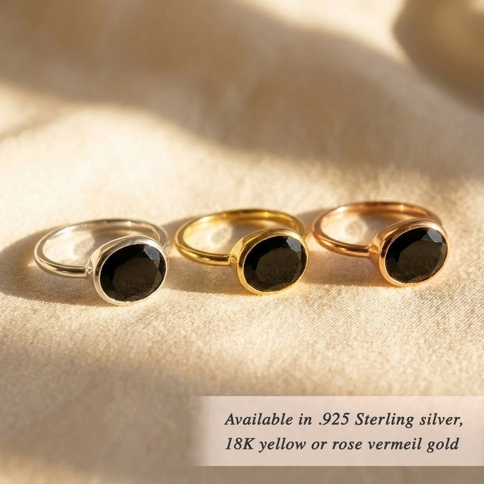 Oval Black Onyx Ring, Bezel Set Ring in Sterling Silver, Gold or Rose Gold