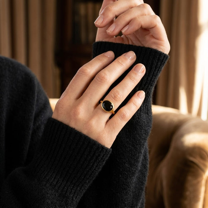 Oval Black Onyx Ring, Bezel Set Ring in Sterling Silver, Gold or Rose Gold