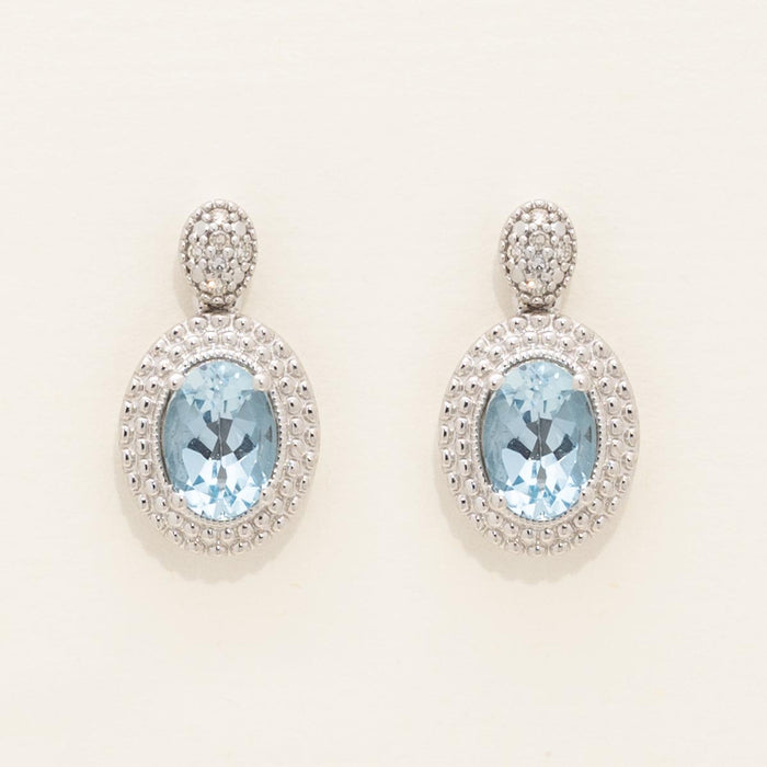 Oval Blue Topaz Drop Earrings in Sterling Silver with Diamonds