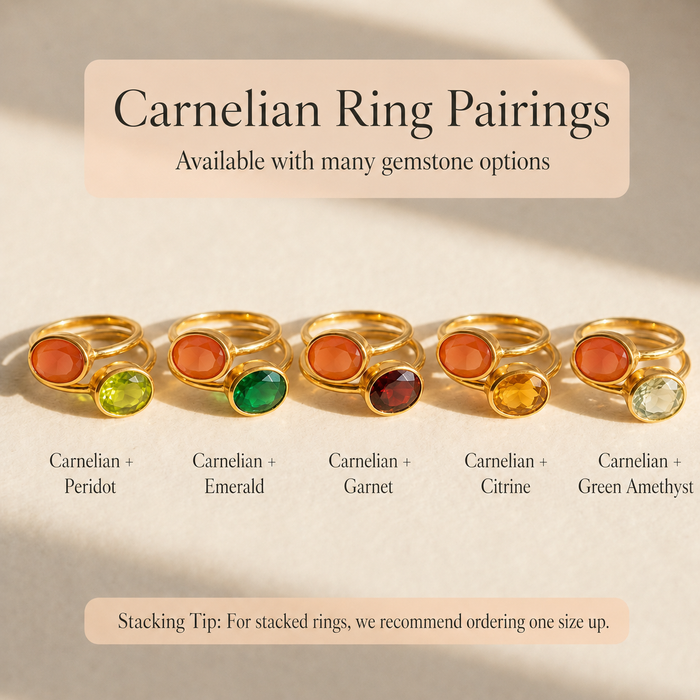 Carnelian ring pairing guide showing orange carnelian rings combined with peridot, emerald, citrine, garnet, and green amethyst.