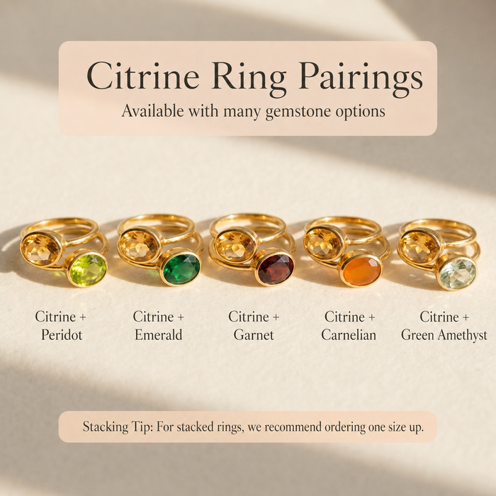 Citrine ring pairings with gemstone options including peridot, emerald, garnet, carnelian, and green amethyst for custom stacking rings.