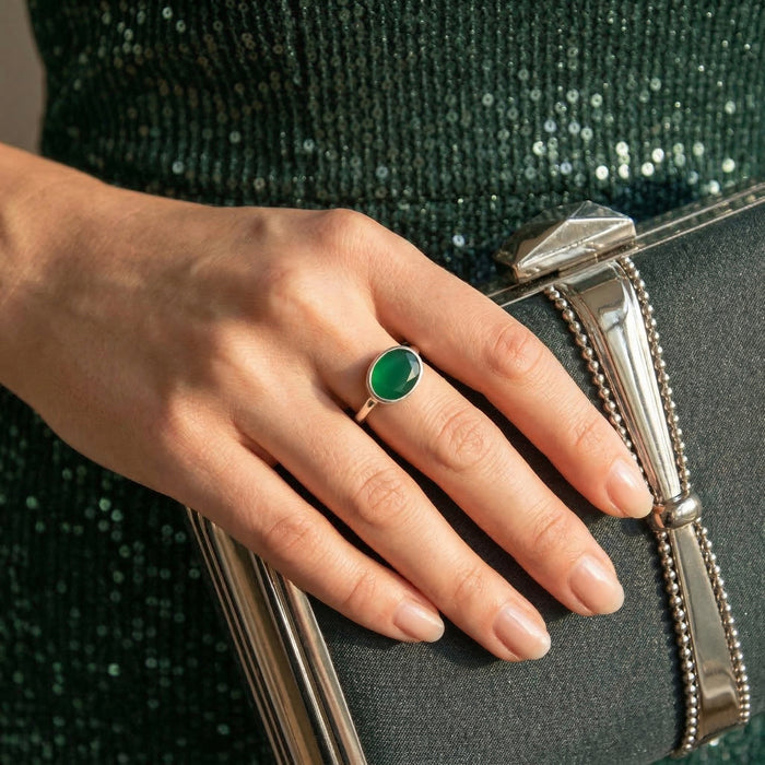 Oval Green Onyx Ring, Bezel Set May Birthstone Ring in Sterling Silver, Gold or Rose Gold