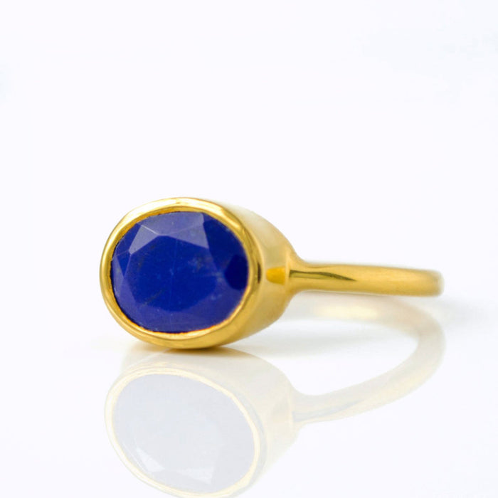 Oval Lapis Lazuli Ring, Bezel Set September Birthstone Ring in Sterling Silver, Gold or Rose Gold