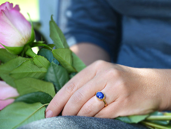 Oval Lapis Lazuli Ring, Bezel Set September Birthstone Ring in Sterling Silver, Gold or Rose Gold