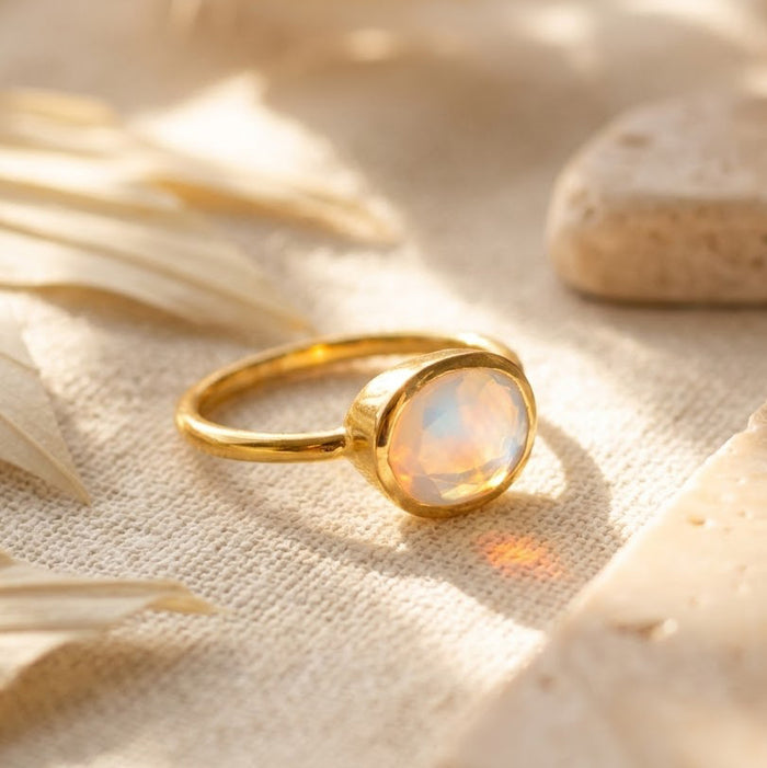 Oval Opalite Ring, Bezel Set October Birthstone Ring in Sterling Silver, Gold or Rose Gold