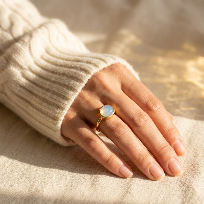 Oval Opalite Ring, Bezel Set October Birthstone Ring in Sterling Silver, Gold or Rose Gold