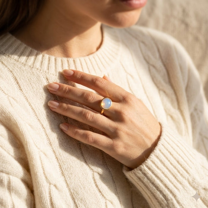 Oval Opalite Ring, Bezel Set October Birthstone Ring in Sterling Silver, Gold or Rose Gold