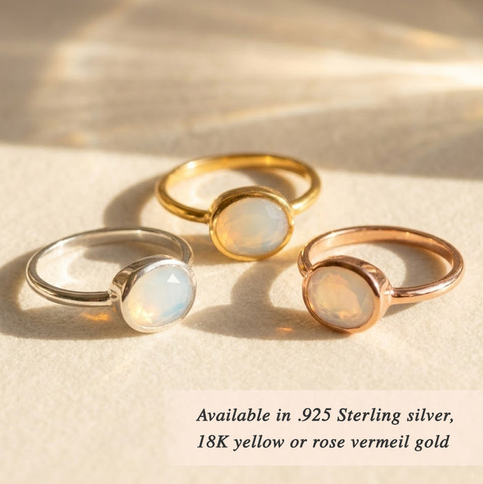 Oval Opalite Ring, Bezel Set October Birthstone Ring in Sterling Silver, Gold or Rose Gold