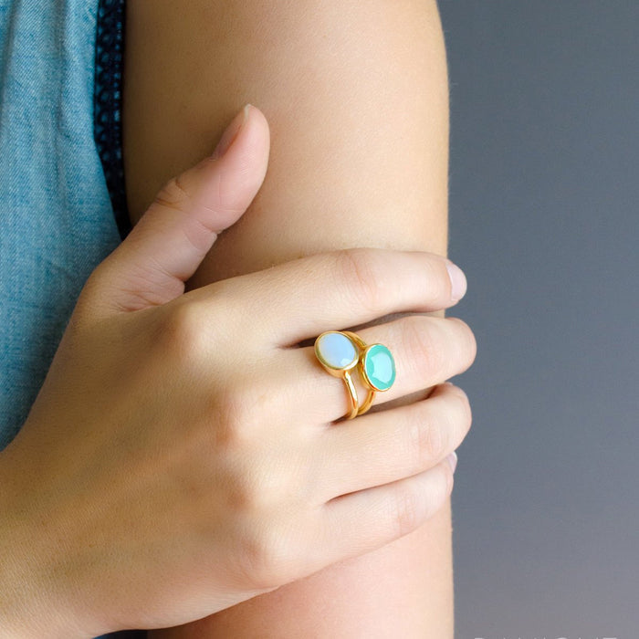 Oval Opalite Ring, Bezel Set October Birthstone Ring in Sterling Silver, Gold or Rose Gold