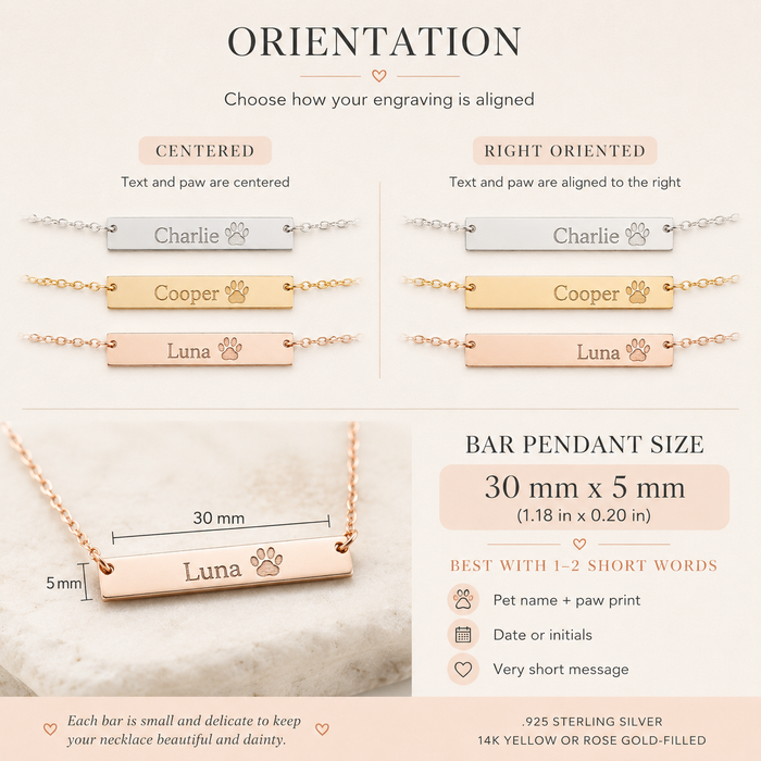 Orientation guide showing centered and right-oriented engraving layouts for personalized paw print bar necklaces.
