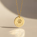 A gold disc pendant necklace engraved with an actual pet paw print and the name “Dexter,” crafted in 14k gold-filled with a dainty chain, custom-made as a pet memorial keepsake, perfect as a personalized remembrance jewelry gift for dog or cat owners.