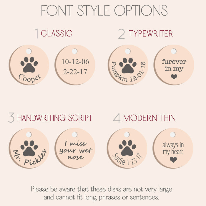 Font style chart showing multiple engraving font options for pet lover personalized jewelry, applicable for necklaces, bracelets, rings, and other custom engraved paw print gifts.