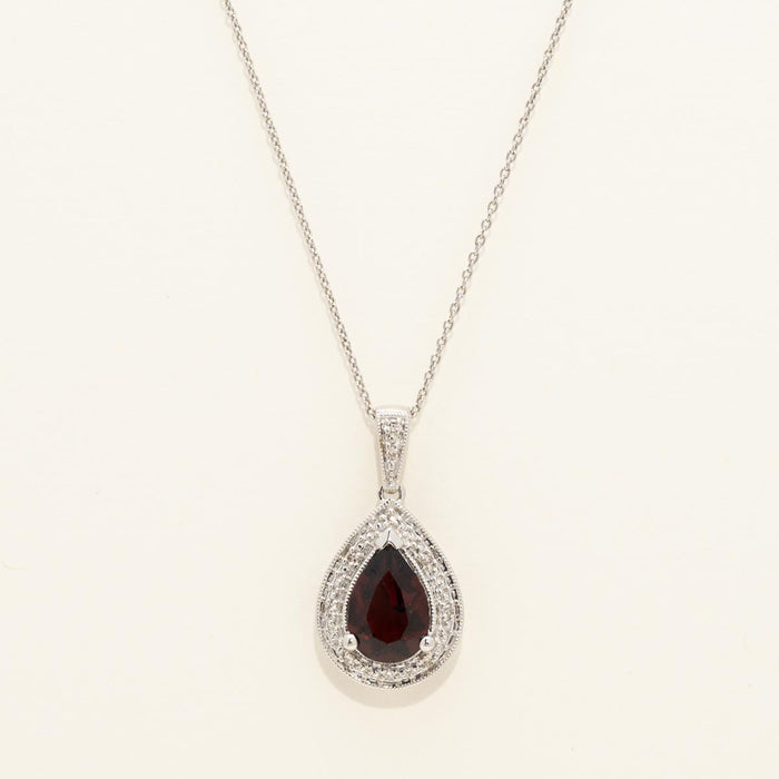Pear Shape Garnet Necklace in Sterling Silver with Diamonds (1/20ct tw)