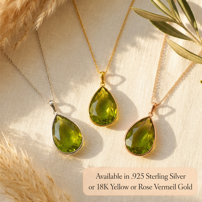 Peridot pendant necklaces shown in sterling silver, yellow gold, and rose gold vermeil finish options.