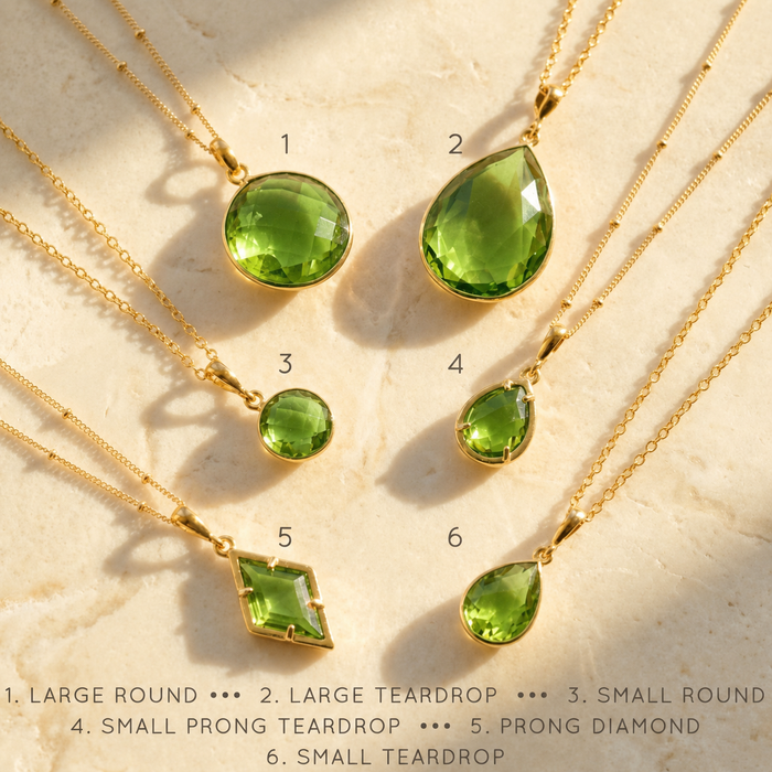 Peridot necklace size and pendant option chart showing round and teardrop gemstone styles.