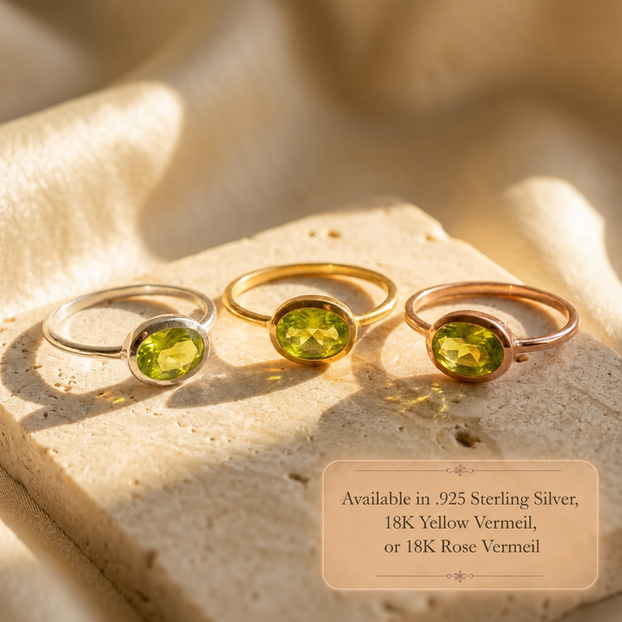 Peridot ring available in sterling silver, yellow gold vermeil, and rose gold vermeil finishes.