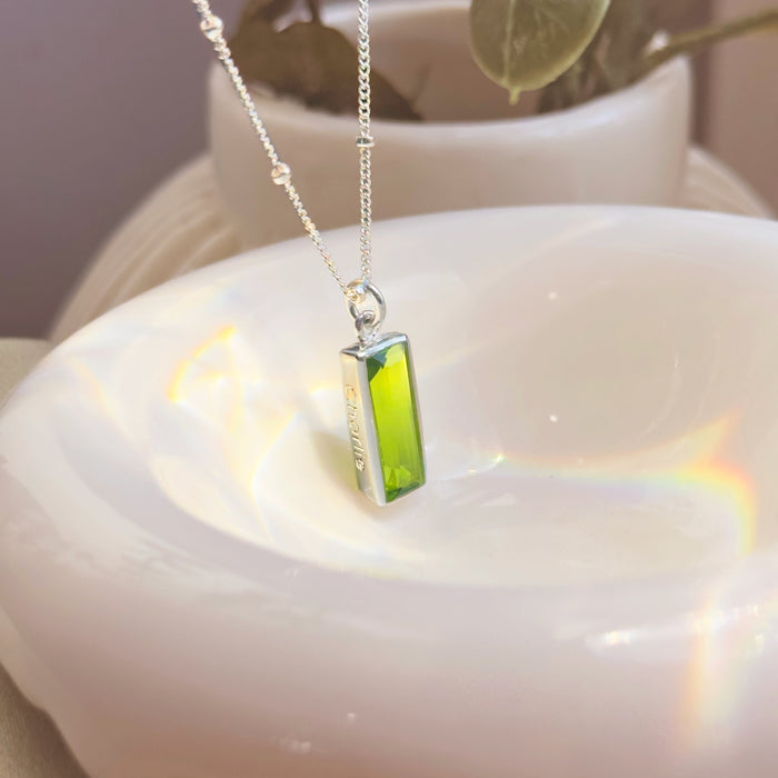 Peridot Vertical Bar Necklace, August Birthstone : Adira Series