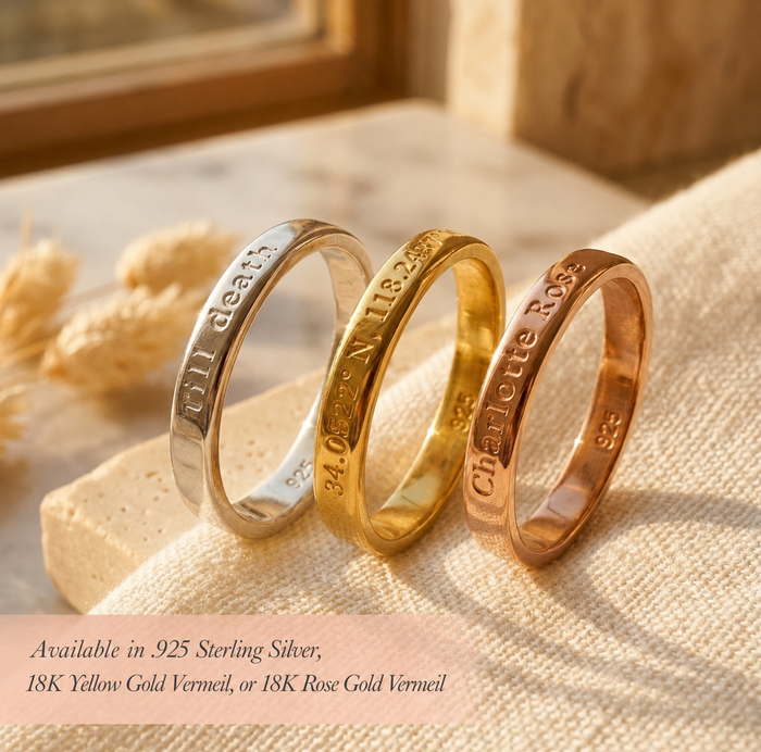 Sterling silver, yellow gold vermeil, and rose gold vermeil engraved rings with optional inside or outside personalization.