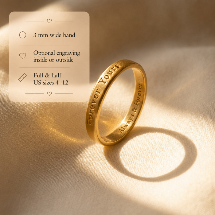 Minimalist 3mm engraved ring worn as a dainty stacking band or meaningful promise ring engraved outside and inside