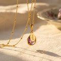 Personalized alexandrite quartz name necklace with lavender June birthstone pendant on gold filled satellite chain
