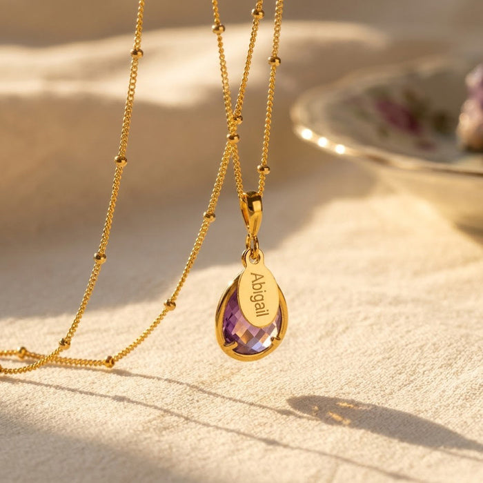 Personalized alexandrite quartz name necklace with lavender June birthstone pendant on gold filled satellite chain