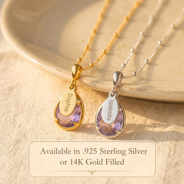 Alexandrite quartz necklace shown in gold filled and sterling silver options with personalized oval name tag