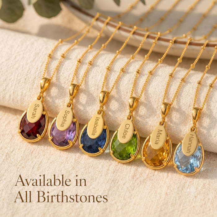 Personalized birthstone name necklaces available in all birthstones with engraved oval charms and gold chains