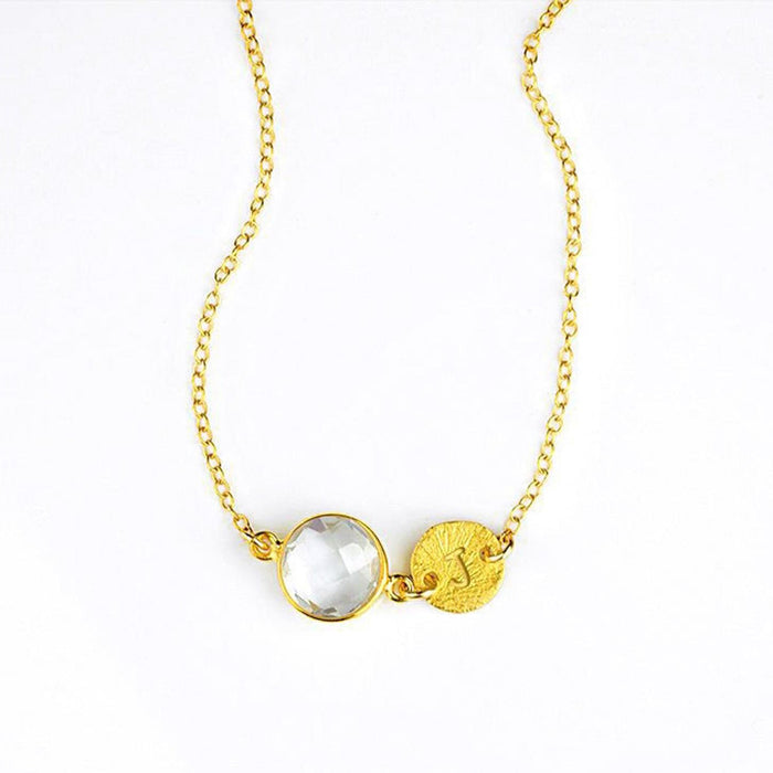 Personalized April Birthstone & Initial Charm Necklace, 925 Sterling Silver, 18k Vermeil Gold, Custom Clear Quartz Gem Station Necklace, Minimalist Gemstone Necklace, Christmas Gift for Women, Girls