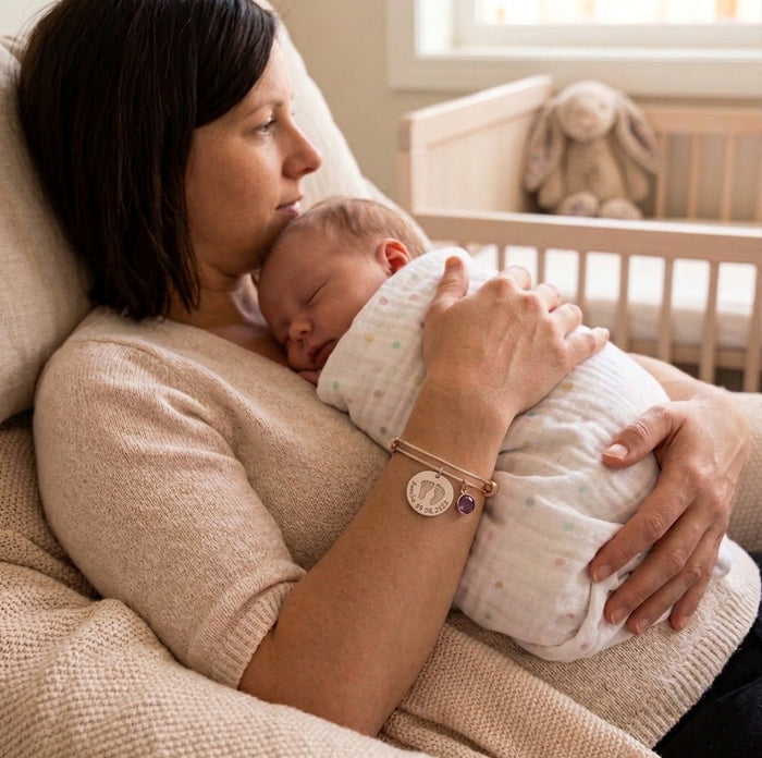 Mother holding baby while wearing personalized footprint bracelet, custom newborn keepsake jewelry with baby name and birth date.