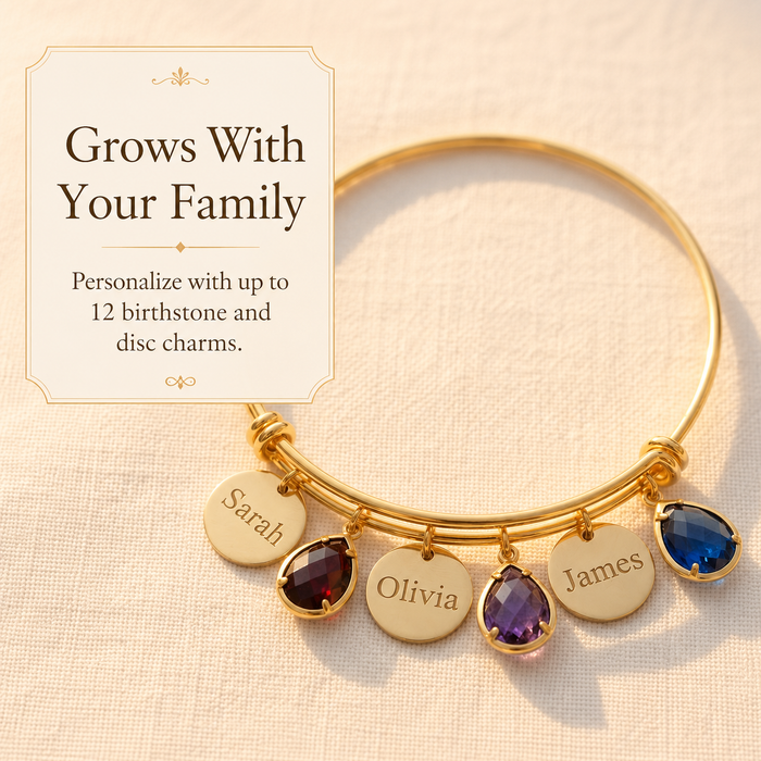 Birthstone bangle bracelet grows with your family with up to 12 personalized charms