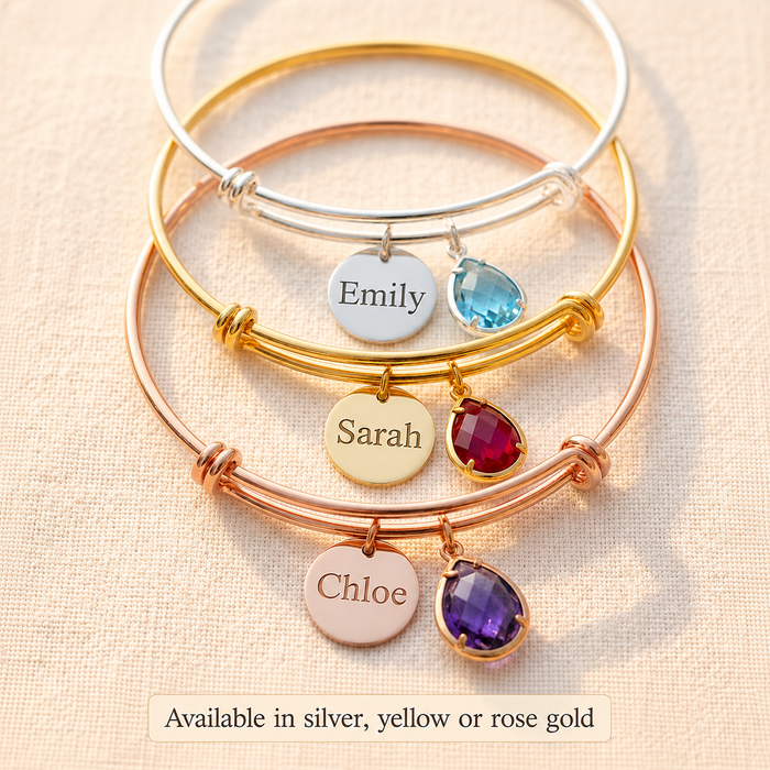 Gold silver and rose gold personalized birthstone bangles with engraved disc charms