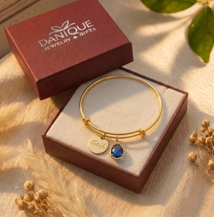 Danique Jewelry gift box with personalized birthstone bangle bracelet ready for gifting
