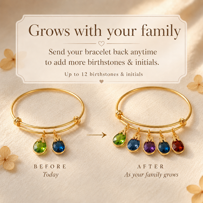 Bracelet that grows with your family by adding more birthstones and initial charms later.