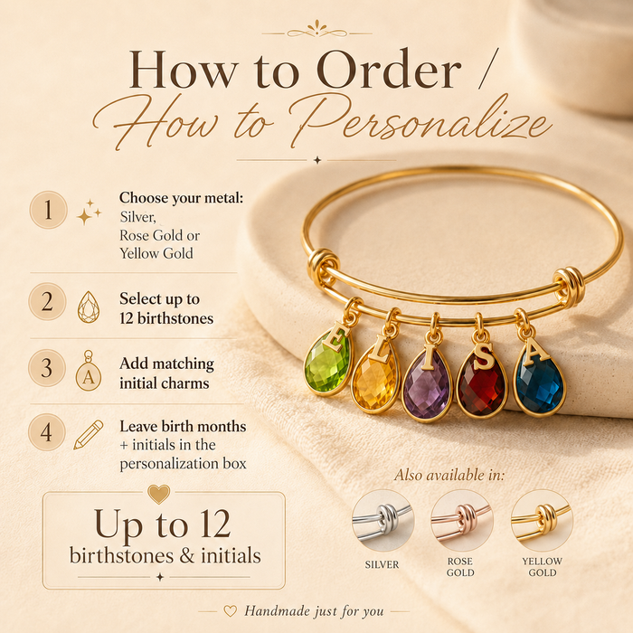 How to order personalized birthstone bangle bracelet with custom initials and metal options.
