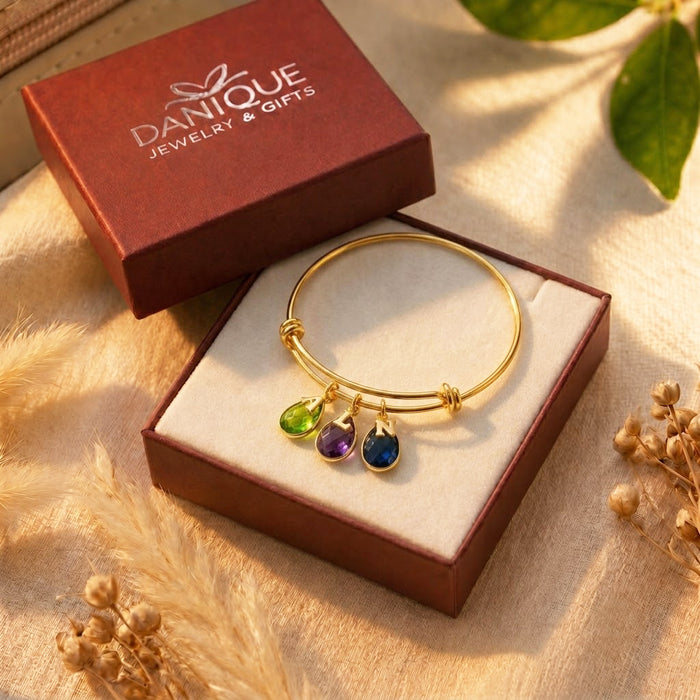 Gift-ready personalized birthstone bracelet displayed in a Danique Jewelry box.