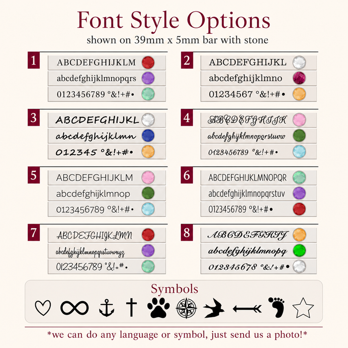 Font style options chart for custom engraved bar necklaces with birthstones and symbols.