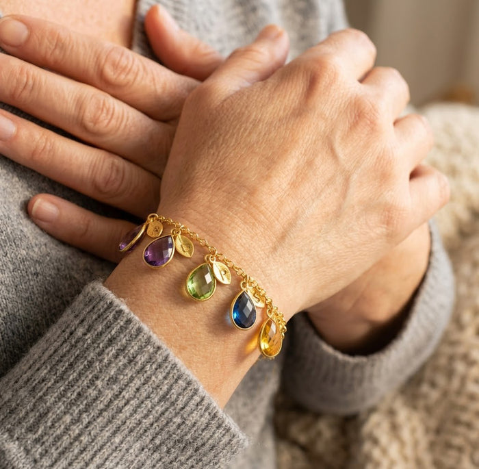 Personalized birthstone and initial charm bracelet worn on wrist, meaningful custom bracelet gift for mom