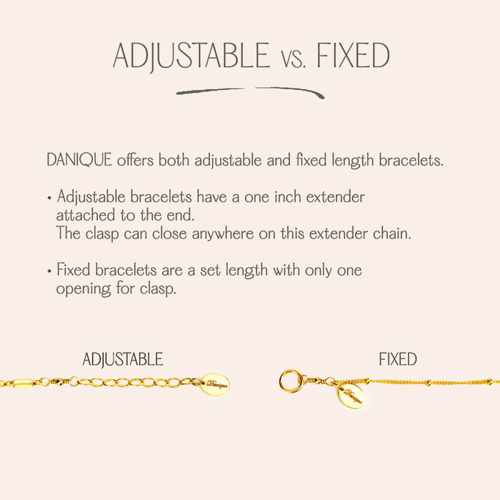 Bracelet sizing guide showing adjustable and fixed bracelet lengths for personalized jewelry. Includes illustrations of clasp styles for bracelets, necklaces, and anklets. Helps customers choose the perfect fit for engraved, beaded, or charm jewelry in various metals and styles.