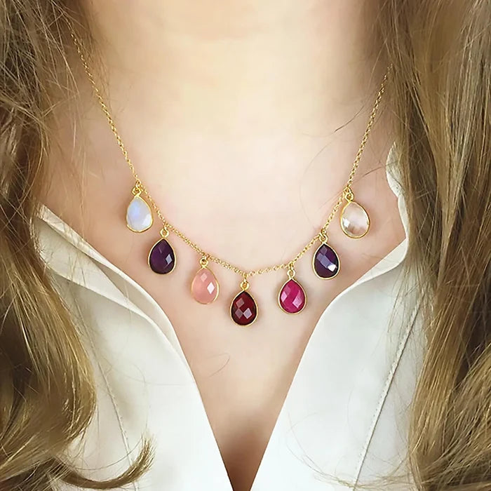 Personalized Birthstone Droplets Collar Necklace, Custom Mother's Family Birthstone Necklace, Silver or Gold Statement Jewelry, Birthday Gift for Mom