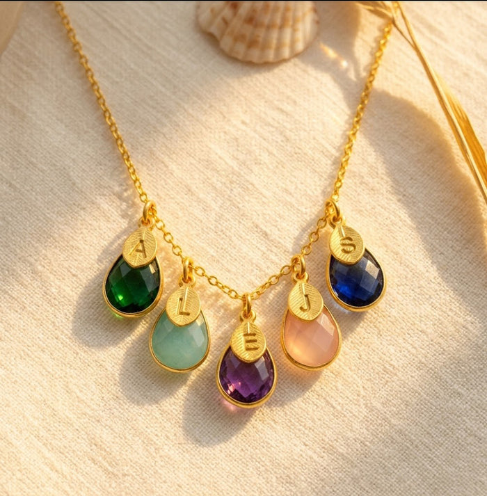 multiple charms custom mom necklace gift with dainty teardrop birthstone