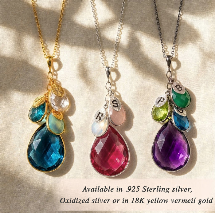 Personalized birthstone necklaces shown in gold, silver, and oxidized silver finishes, custom family jewelry with teardrop gemstone charms for mom or grandma.